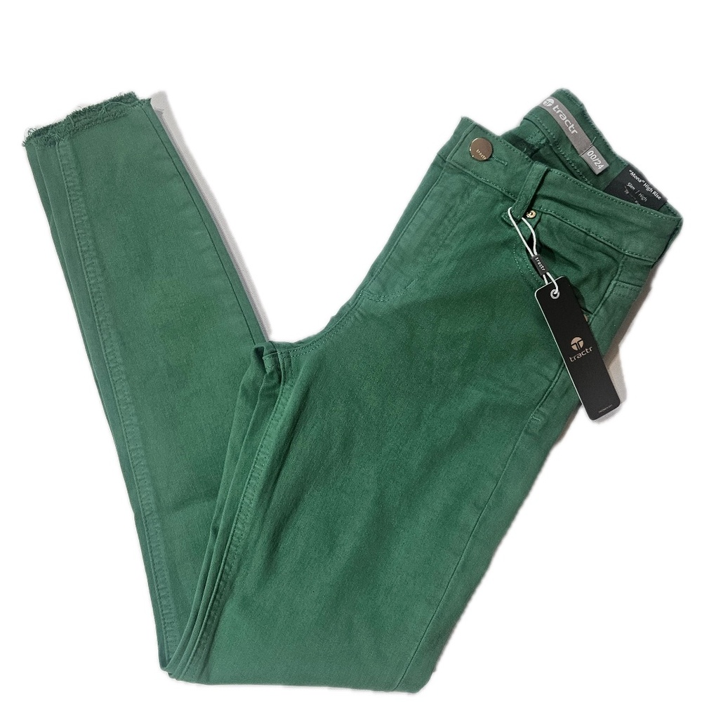 Tractr Mona High Rise Crop Jeans Juniors‎ 00 24 Green Slim Skinny Raw Hem